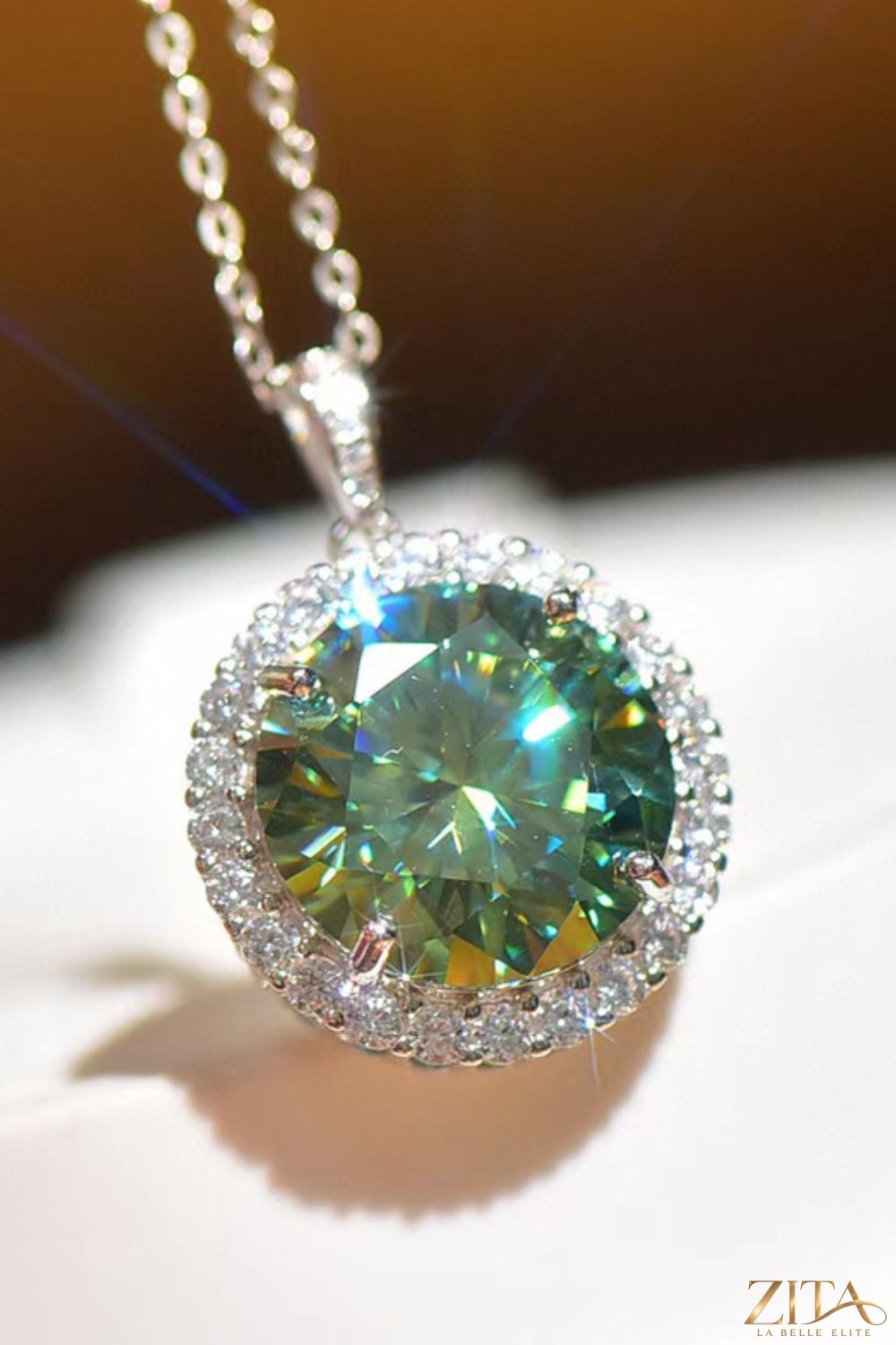10 Carat Moissanite pendant on a platinum-plated necklace, showcasing sparkling gemstone and elegant jewelry design.