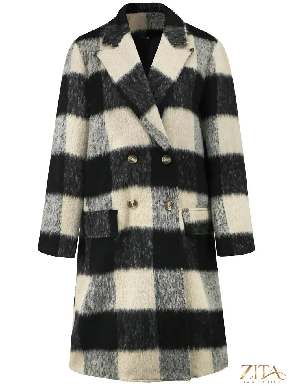 Zita La Belle Elite plaid double-breasted long sleeve coat with front buttons and collar, stylish and warm for winter.