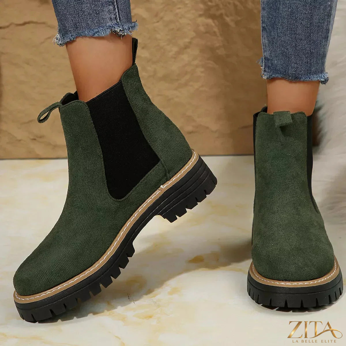 Zita La Belle Elite round toe platform boots with chunky heels and sleek black leather finish.