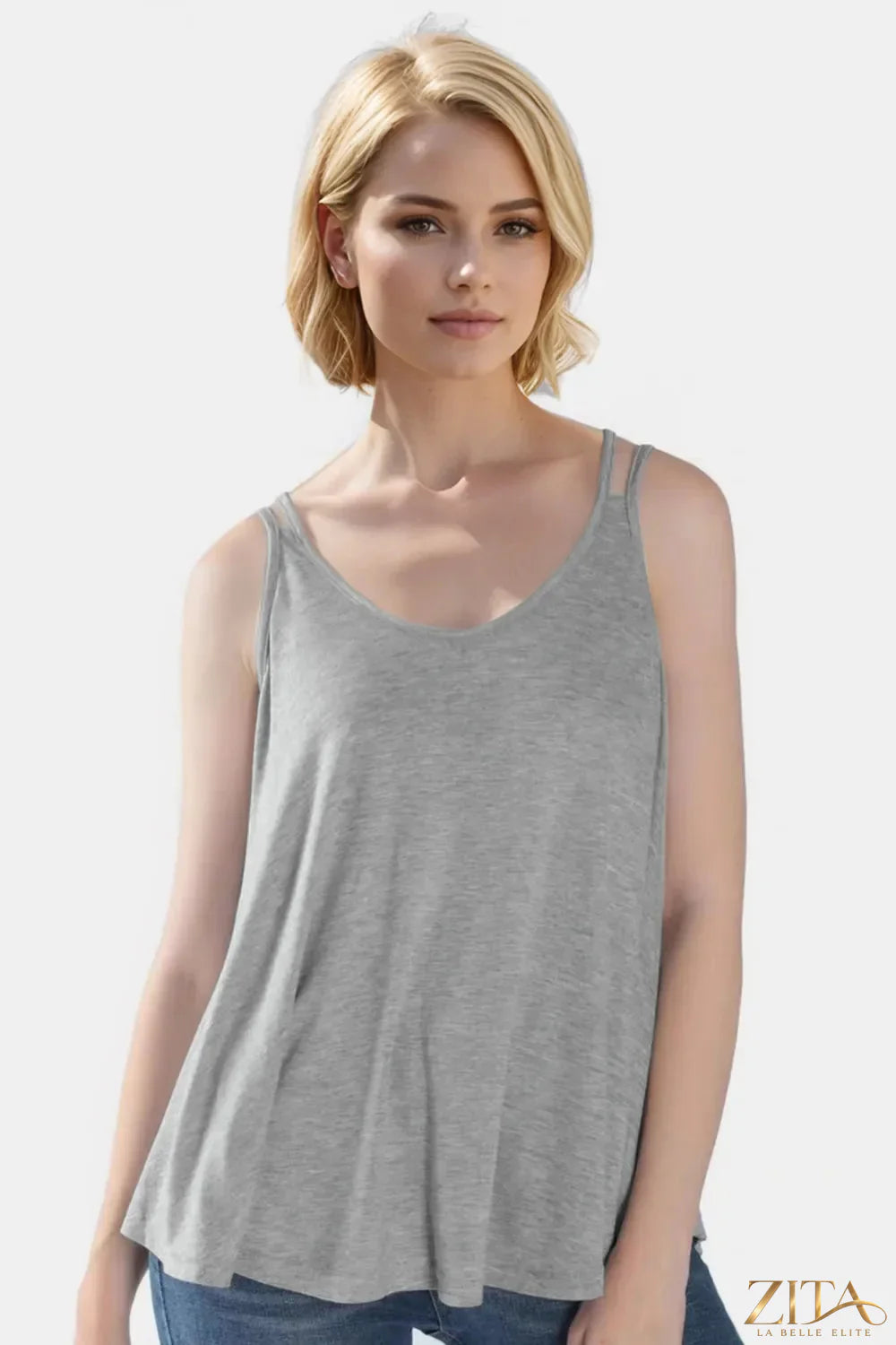 Zita La Belle Elite Basic Bae bamboo cami with scoop neck and double spaghetti straps, in soft fabric, shown on a neutral background.