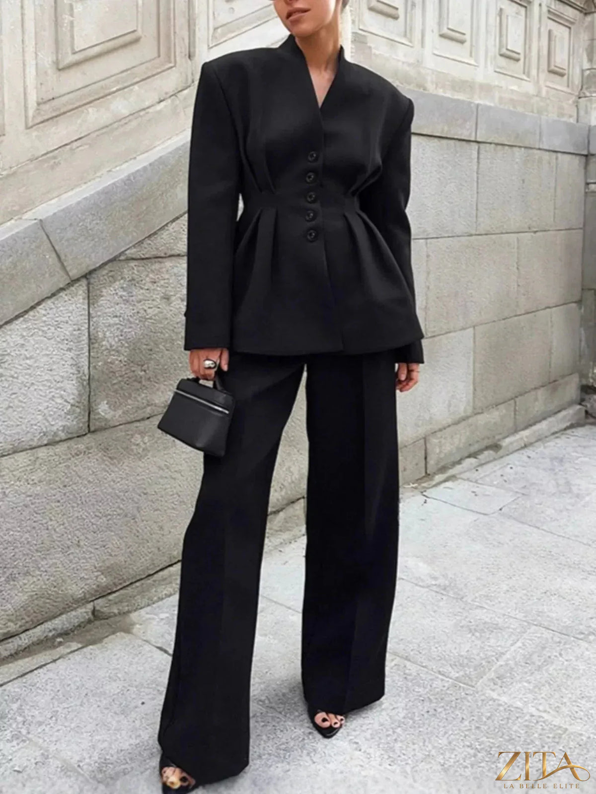 Zita La Belle Elite chic button-down pleated blazer and wide-leg pants suit set, shown in a stylish professional look.
