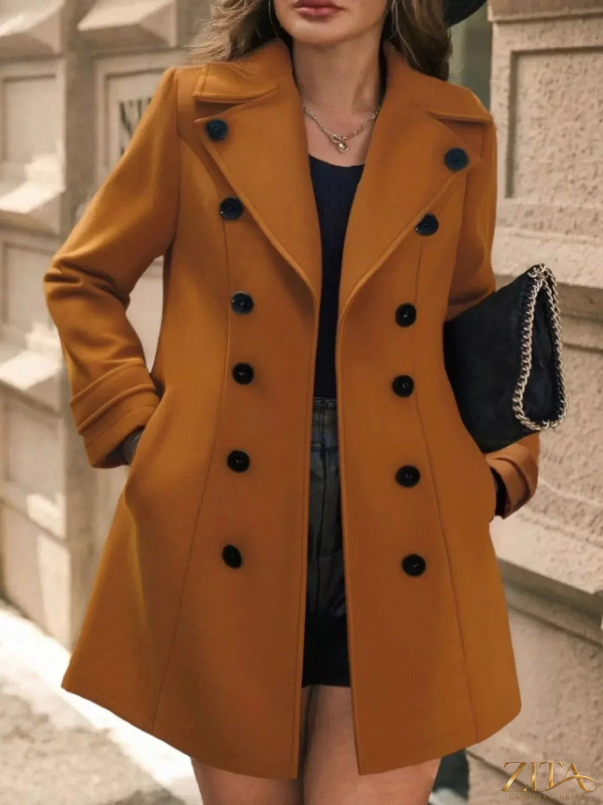Zita La Belle Elite double-breasted wool blend overcoat in classic gray, featuring wide lapels and tailored fit.
