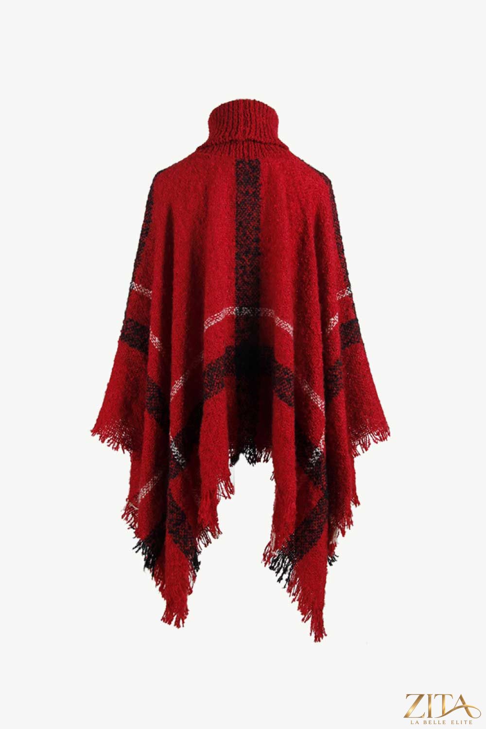 Plaid turtleneck raw hem poncho from Trendsi featuring a cozy, fashionable design with a classic plaid pattern and raw hem detail.