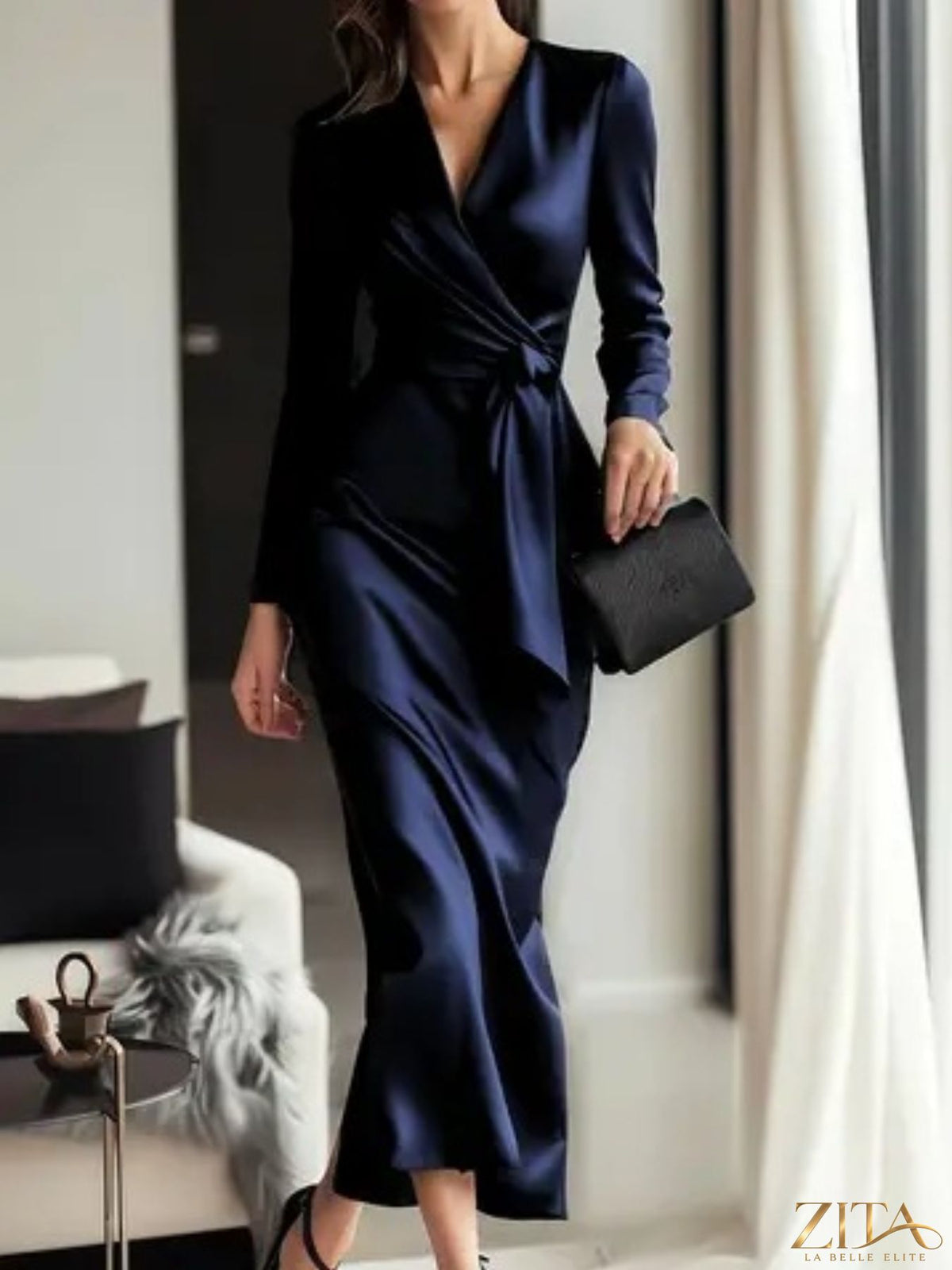 Satin tie waist long sleeve dress by Trendsi featuring a sleek design, fitted silhouette, and elegant fabric in a stylish look.