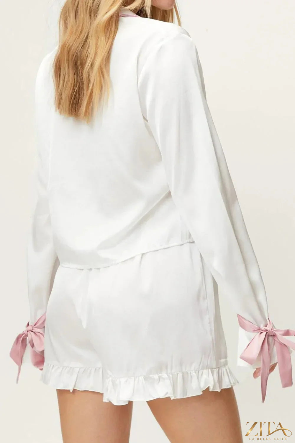 Zita La Belle Elite Basic Bae tied cuff collared neck top with matching frill shorts lounge set, shown in a relaxed fit and soft fabric.