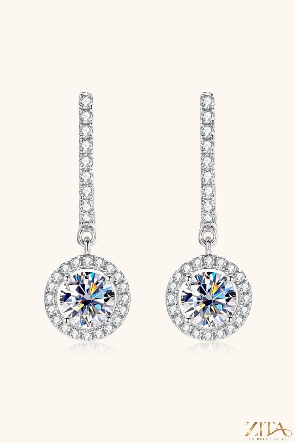 Two-carat moissanite drop earrings in sterling silver with a sleek, elegant design by Zita La Belle Elite.