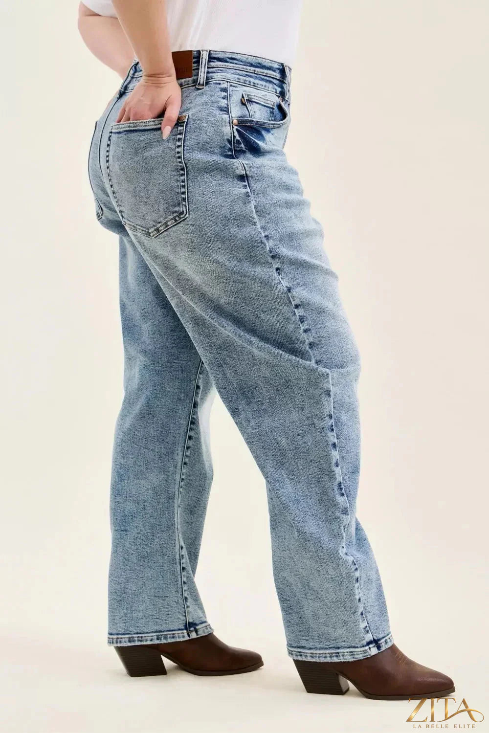 Zita La Belle Elite Judy Blue Marlow Arc Leg jeans with double waistband and trendy fit, shown on a model.