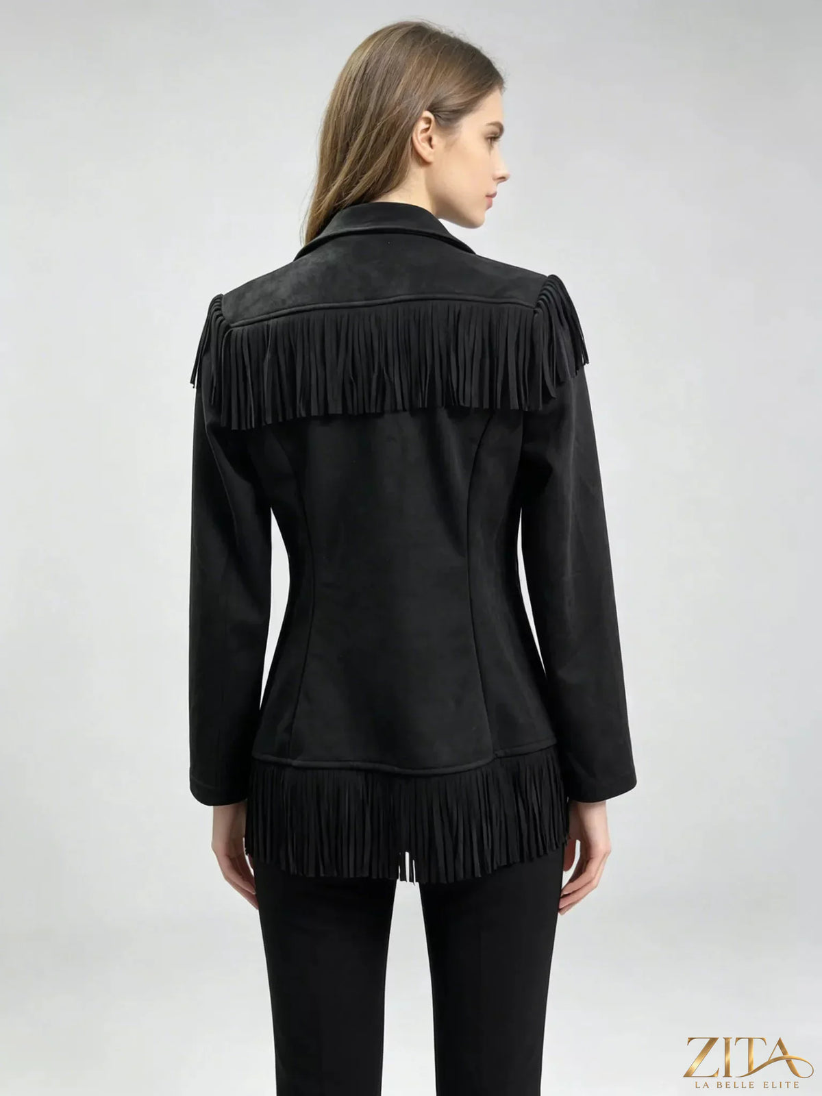 Western-inspired fringed open front jacket by Trendsi, featuring a boho style with fringe details and a relaxed fit.
