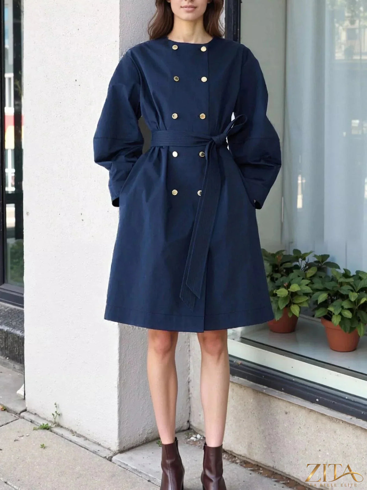 Zita La Belle Elite double-breasted long sleeve trench coat in beige with belt and classic collar, full-length outerwear for women.