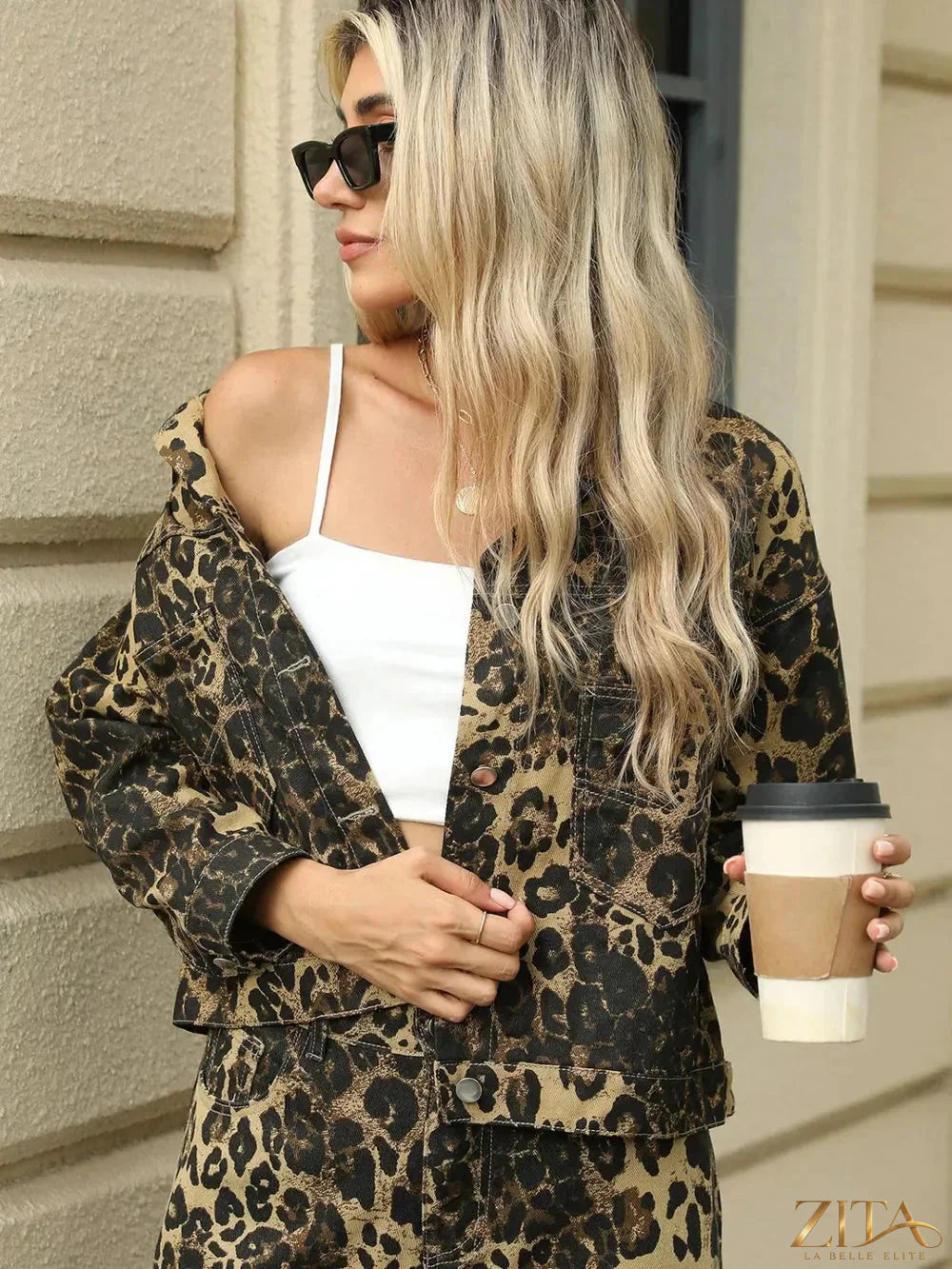 Zita La Belle Elite leopard print long sleeve denim jacket with front pockets, stylish and fitted for a trendy look.
