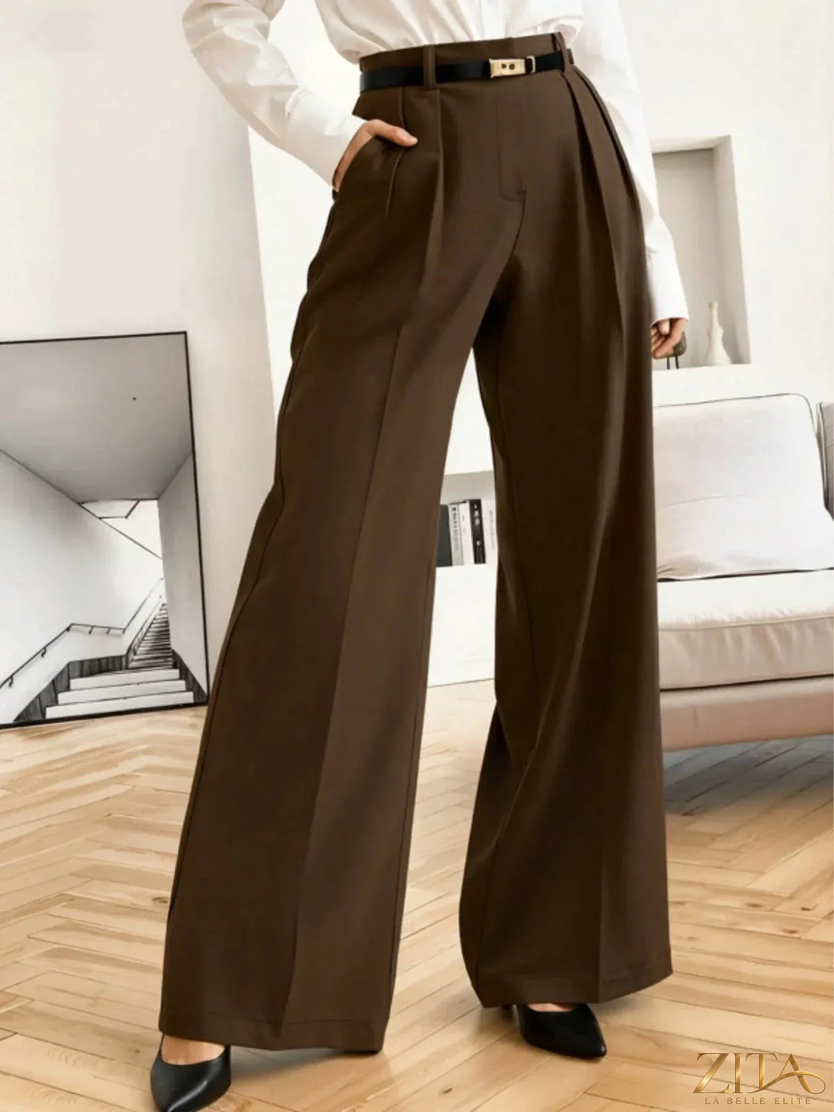 Zita La Belle Elite wide leg pleated pants in neutral fabric, featuring high waist and flowing silhouette.