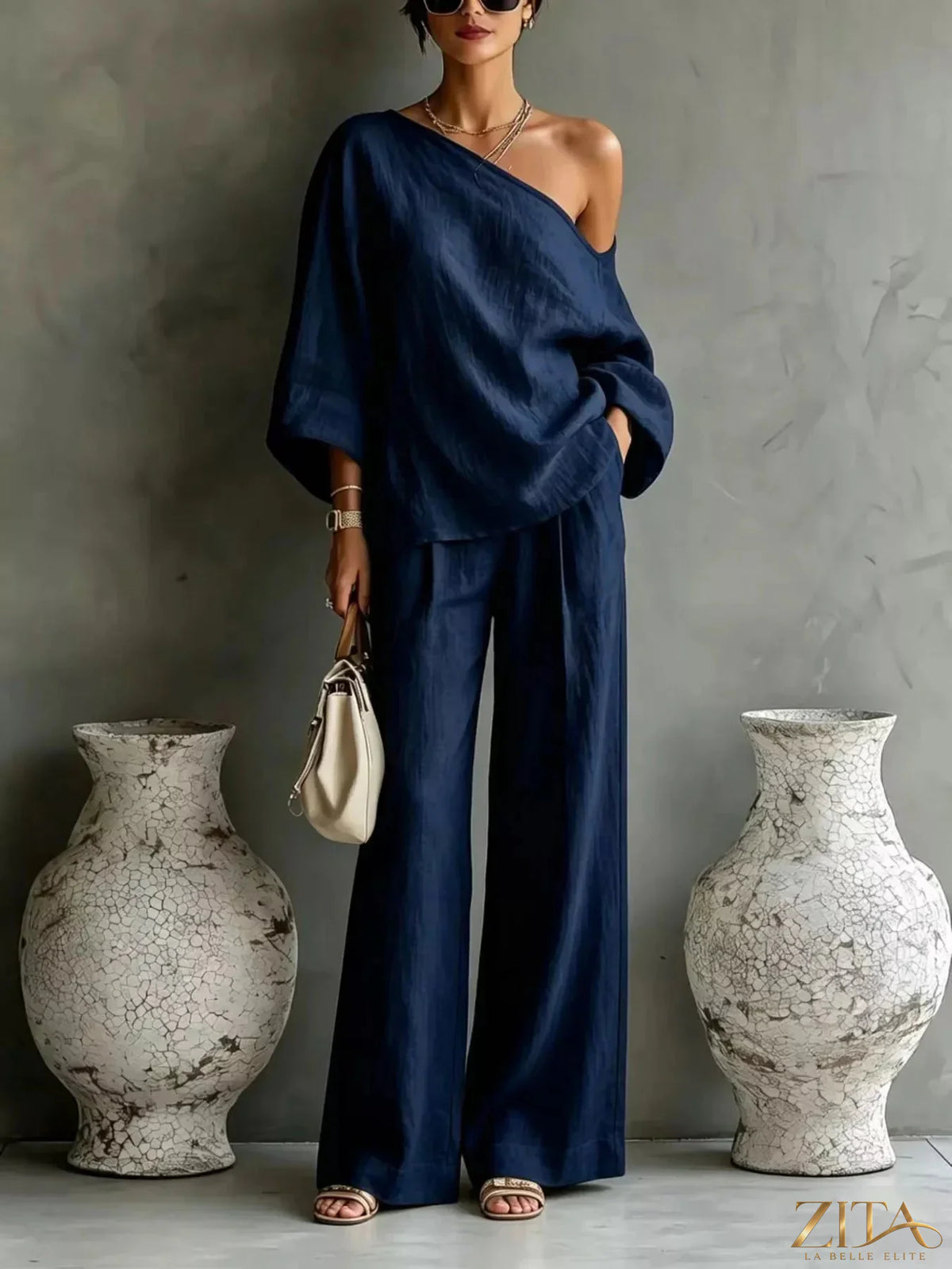 Zita La Belle Elite one shoulder top and wide leg pants set, featuring a stylish asymmetrical top and flowy pants in a chic outfit.
