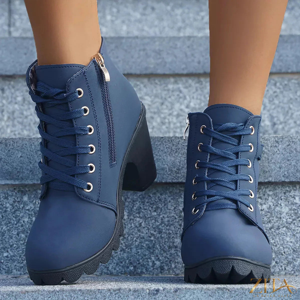 Zita La Belle Elite round toe block heel boots featuring a sleek design and sturdy block heel in black leather.