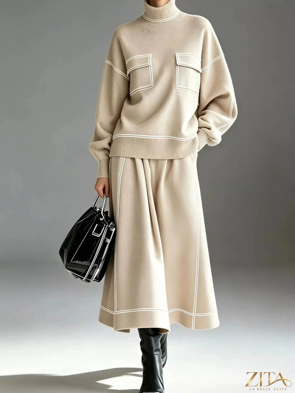 Zita La Belle Elite turtleneck knit top and midi skirt set, featuring a cozy knit fabric in a stylish, coordinated outfit.