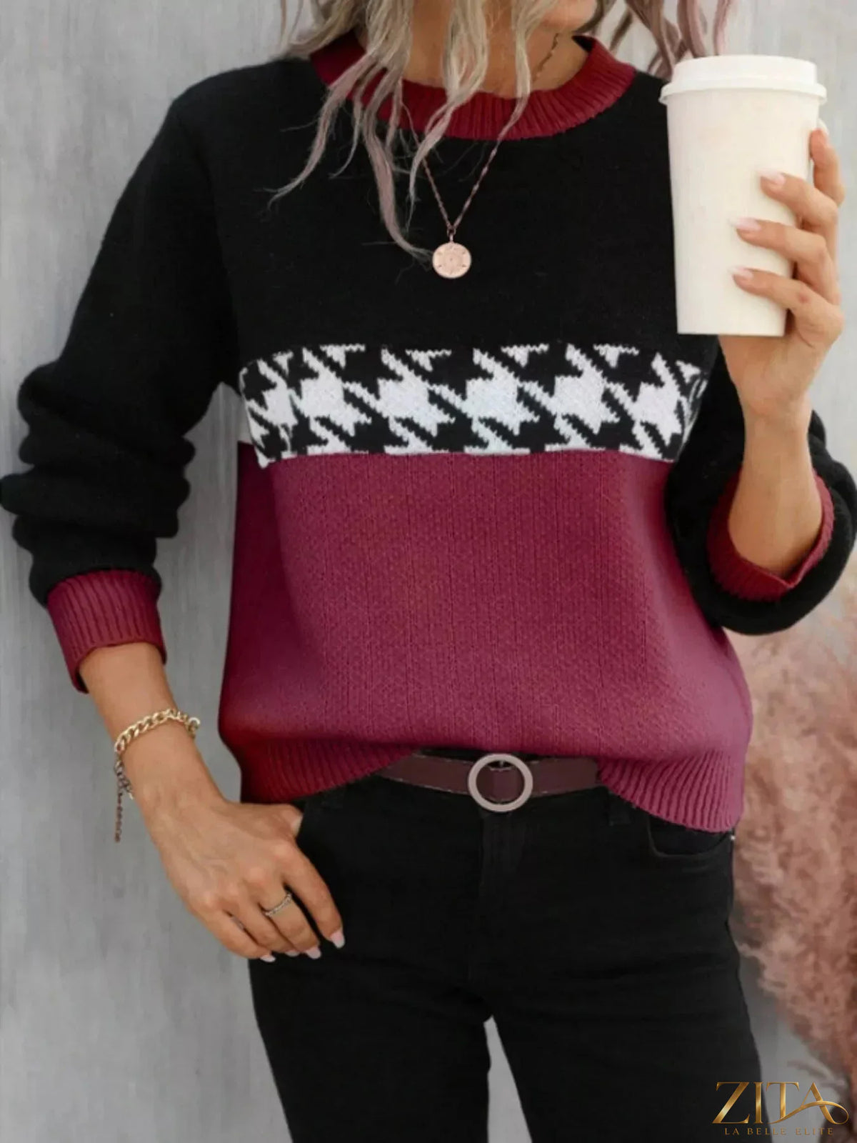 Color block houndstooth sweater by Trendsi, featuring a stylish mixed pattern and cozy knit fabric, shown on a model.