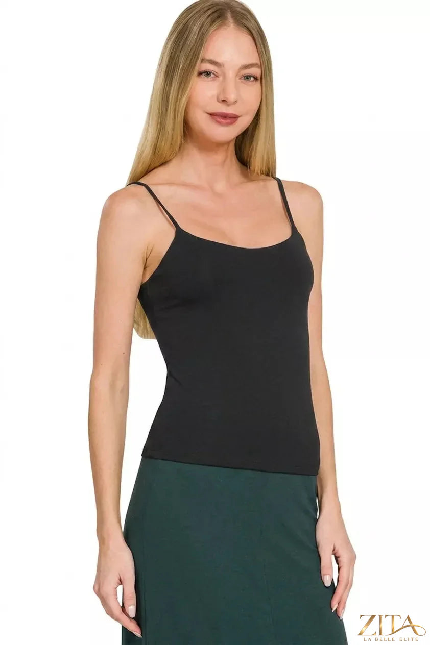 Zita La Belle Elite Zenana double-layered round neck spaghetti camisole in white, featuring a lightweight, layered design.