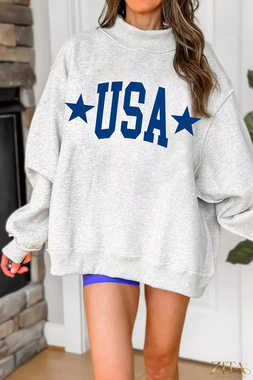 Zita La Belle Elite mock neck sweatshirt with USA slogan and graphic design, casual cozy sweatshirt for everyday wear.