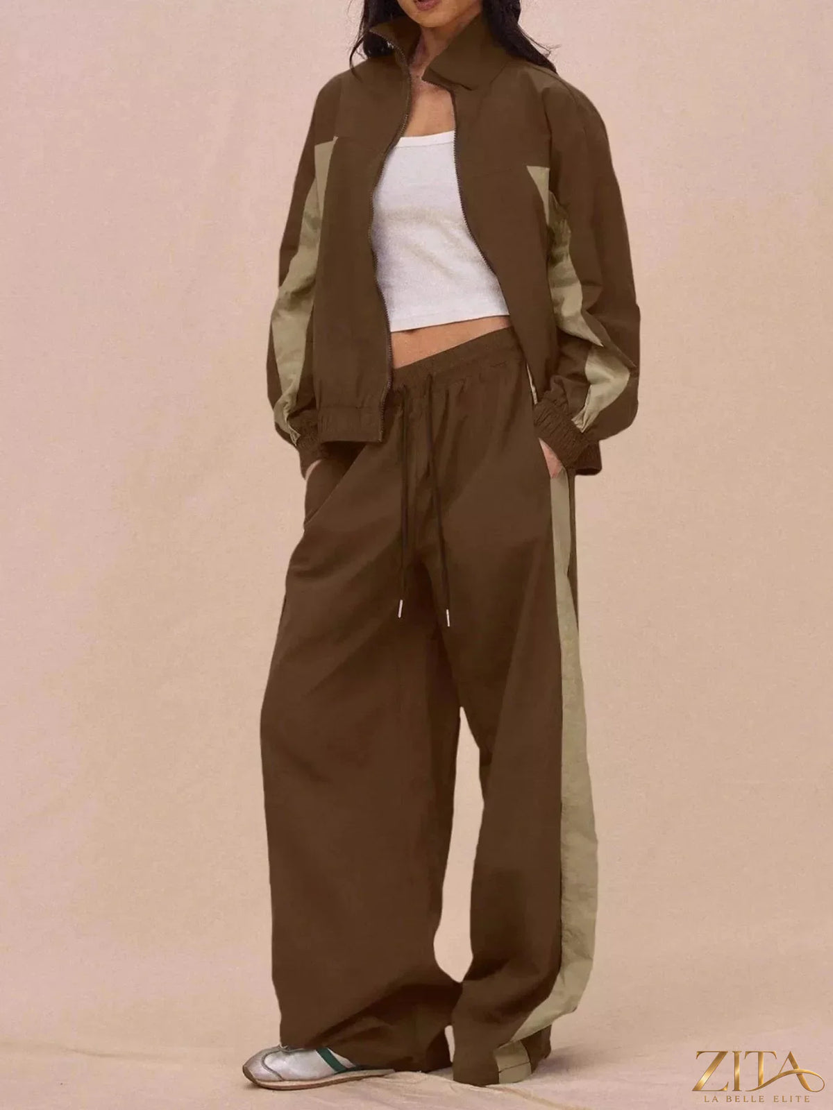 Color-block Zita La Belle Elite tracksuit and wide-leg pants set featuring bold, vibrant color panels and a relaxed fit.