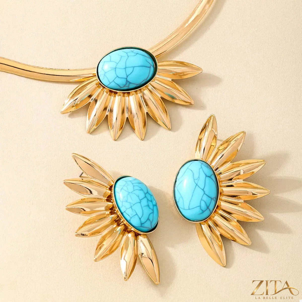Turquoise sunflower necklace and earrings jewelry set with gold-tone accents, featuring vibrant sunflower and turquoise beads.