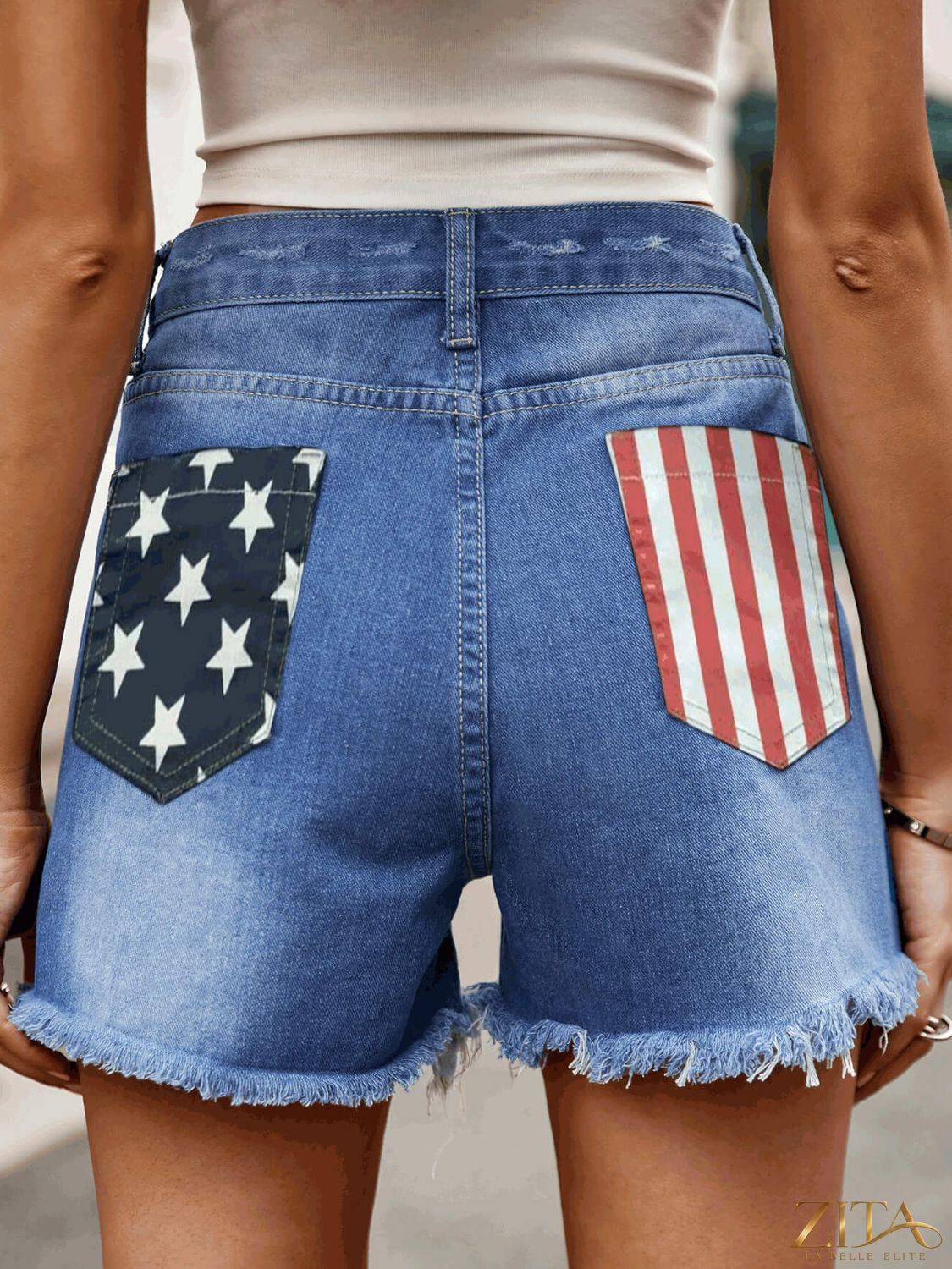 Zita La Belle Elite American flag raw hem denim shorts with front and back pockets, casual summer style for women.