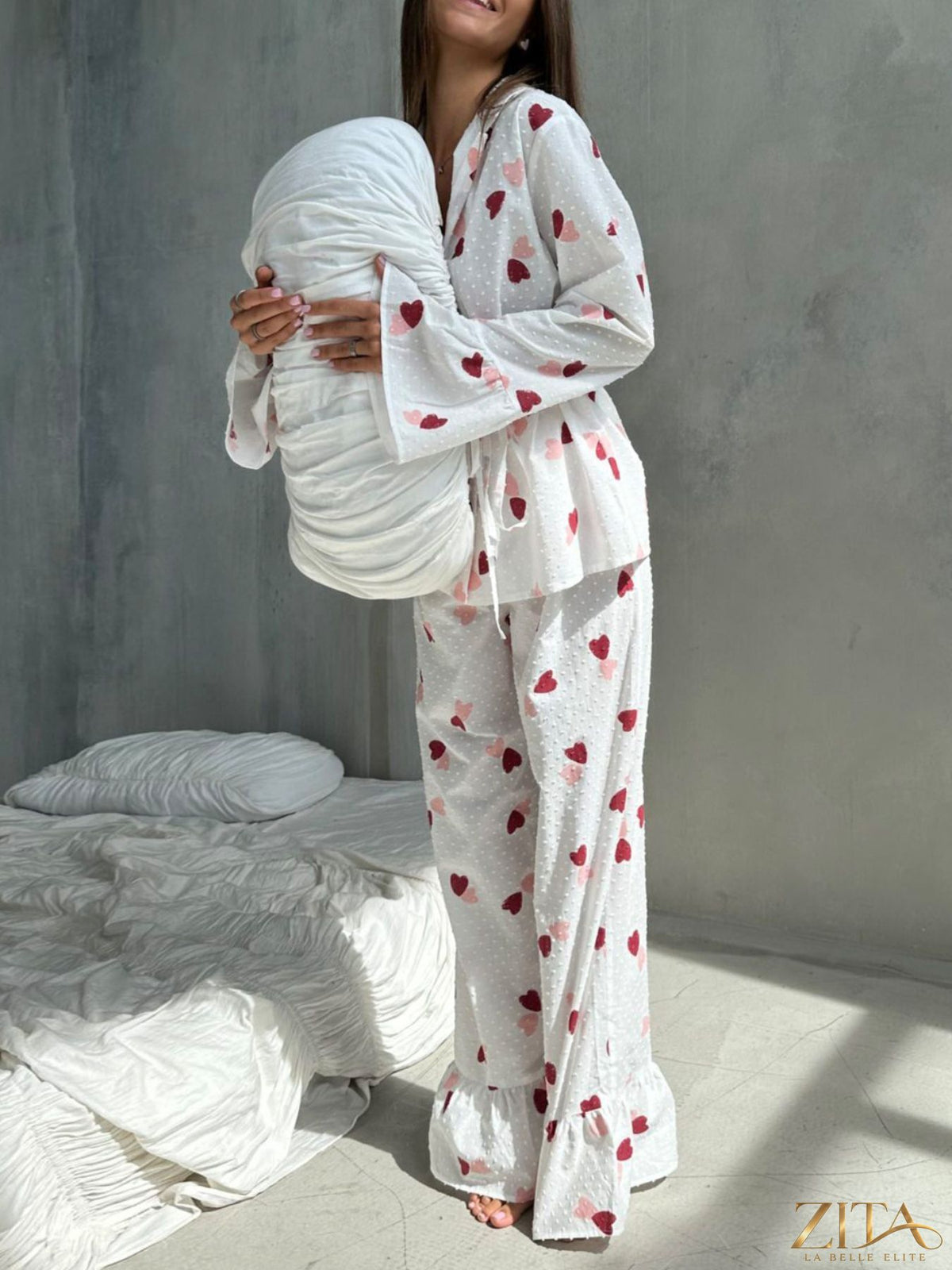 Zita La Belle Elite heart print long sleeve top and matching pants lounge set, cozy casual wear with pink heart design.