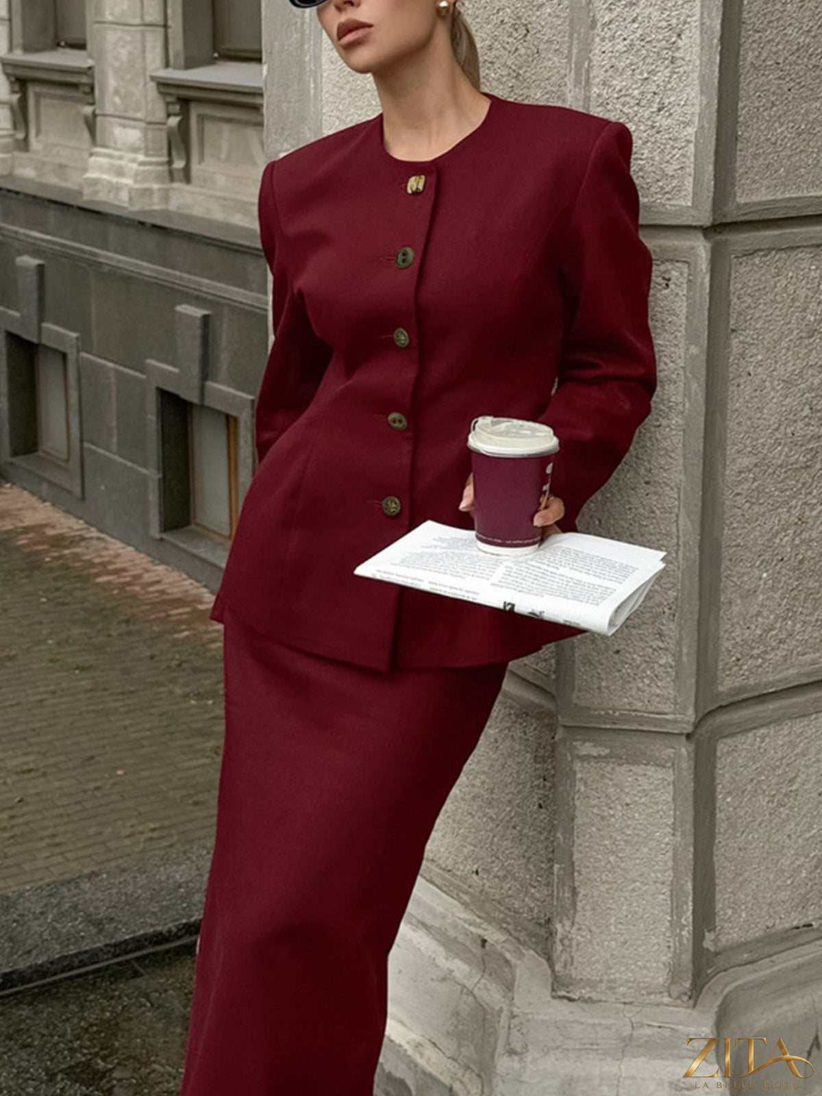 Zita La Belle Elite button-up peplum blazer and matching skirt set, tailored fit, in a stylish formal ensemble.