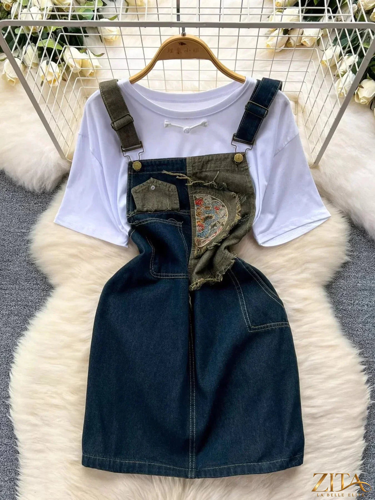 Zita La Belle Elite short sleeve T-shirt and denim overall dress set for girls, featuring a casual, stylish outfit.