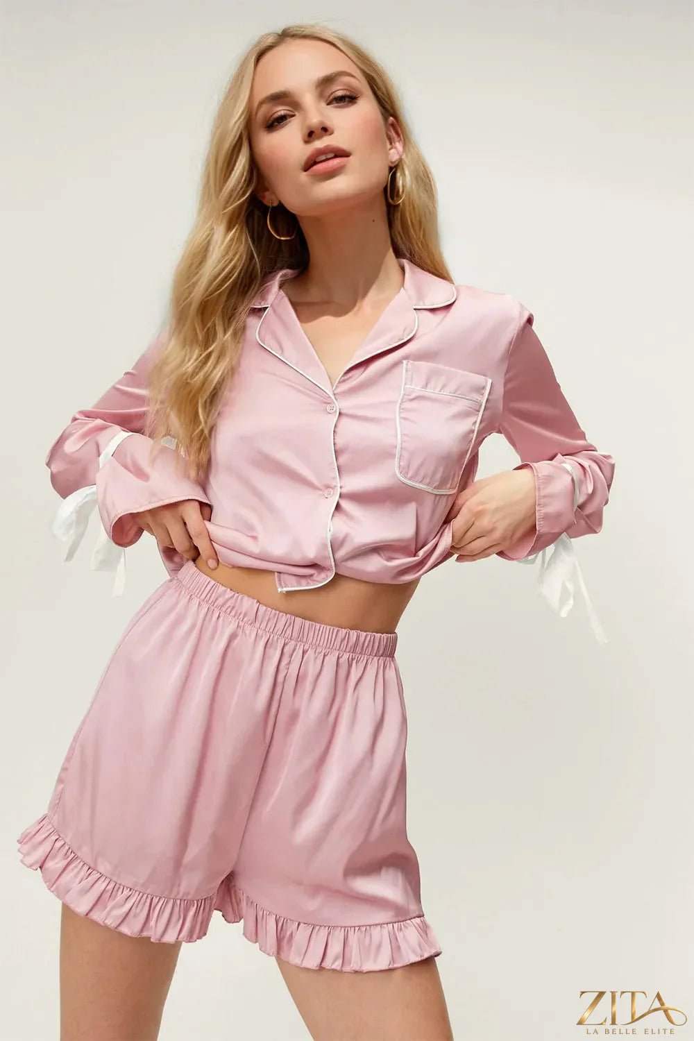 Zita La Belle Elite Basic Bae tied cuff collared neck top with frill shorts lounge set, featuring a stylish, comfortable matching outfit.