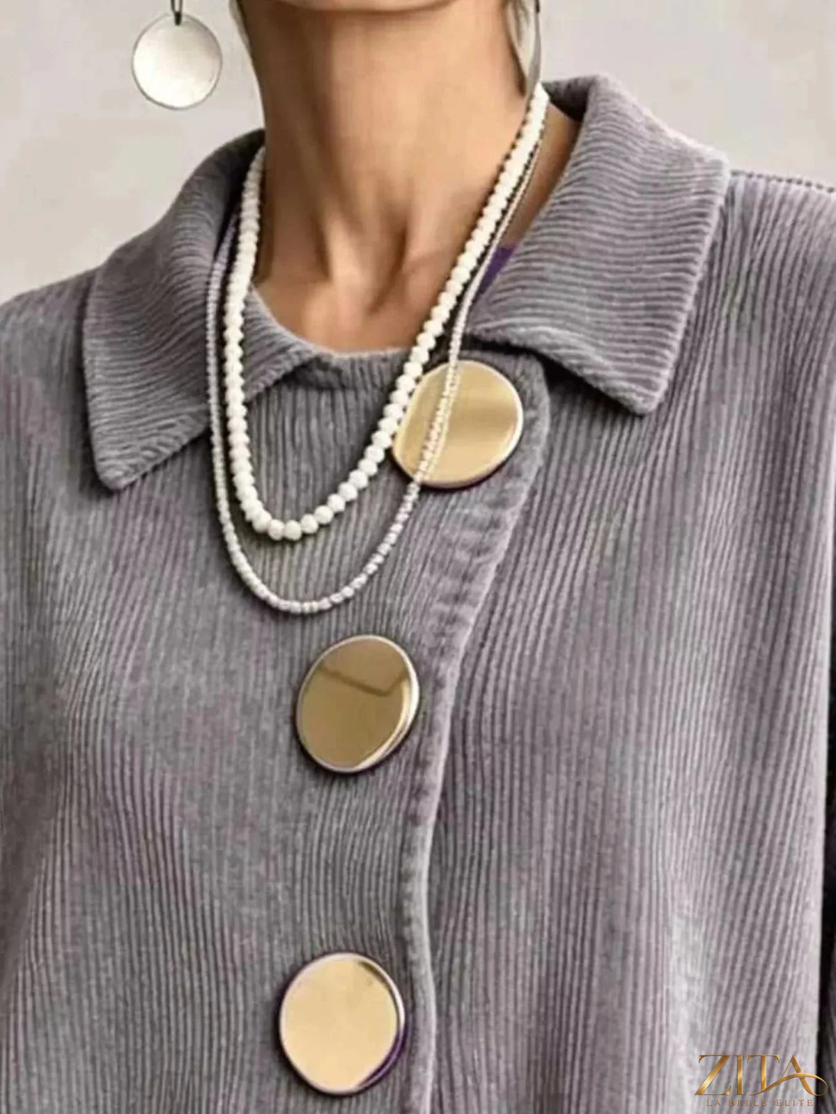 Plus size ribbed knit cardigan with gold buttons from Zita La Belle Elite, showing the full front view and button details.