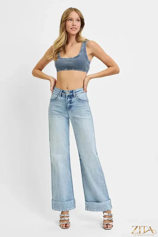 Zita La Belle Elite RISEN high-rise cuffed wide jeans with tummy control and dark denim, shown on a model.