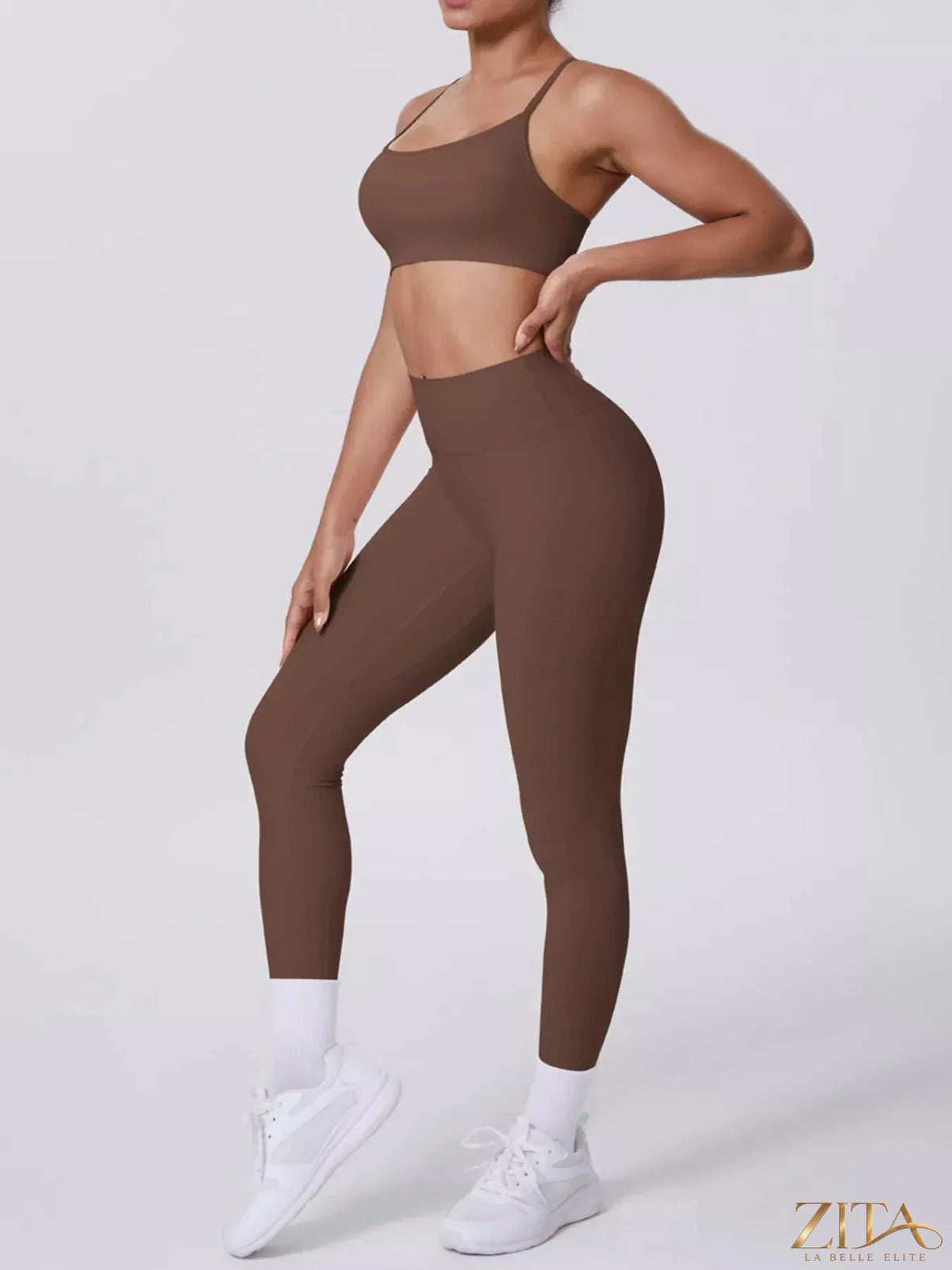 Zita La Belle Elite criss-cross back cami and matching leggings active set, shown on a model, perfect for workout or activewear.