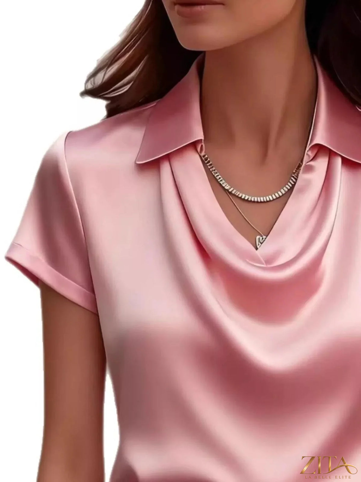Plus size satin cowl neck blouse by Zita La Belle Elite, showcasing smooth fabric and elegant drape on a mannequin.