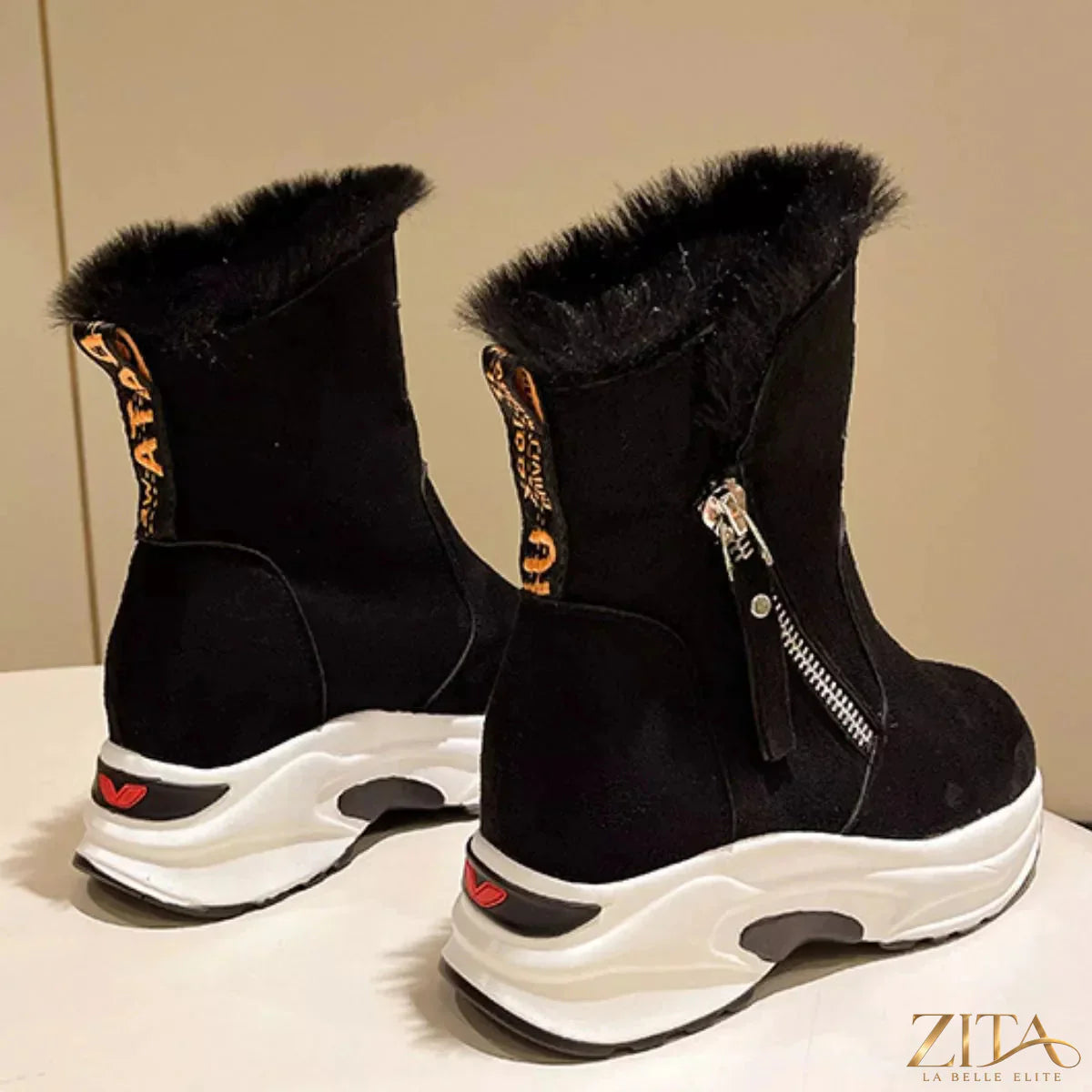 Zita La Belle Elite side zipper platform boots with chunky heels and black leather finish, stylish and edgy footwear.