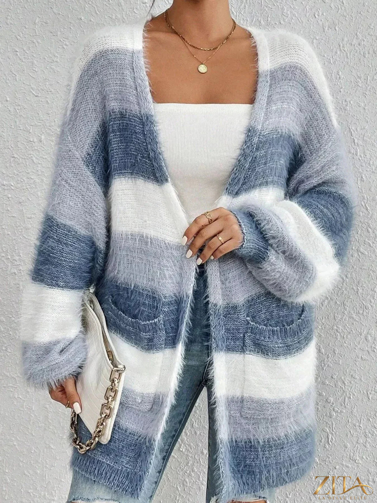 Zita La Belle Elite striped open front oversized cardigan with relaxed fit and bold horizontal stripes.