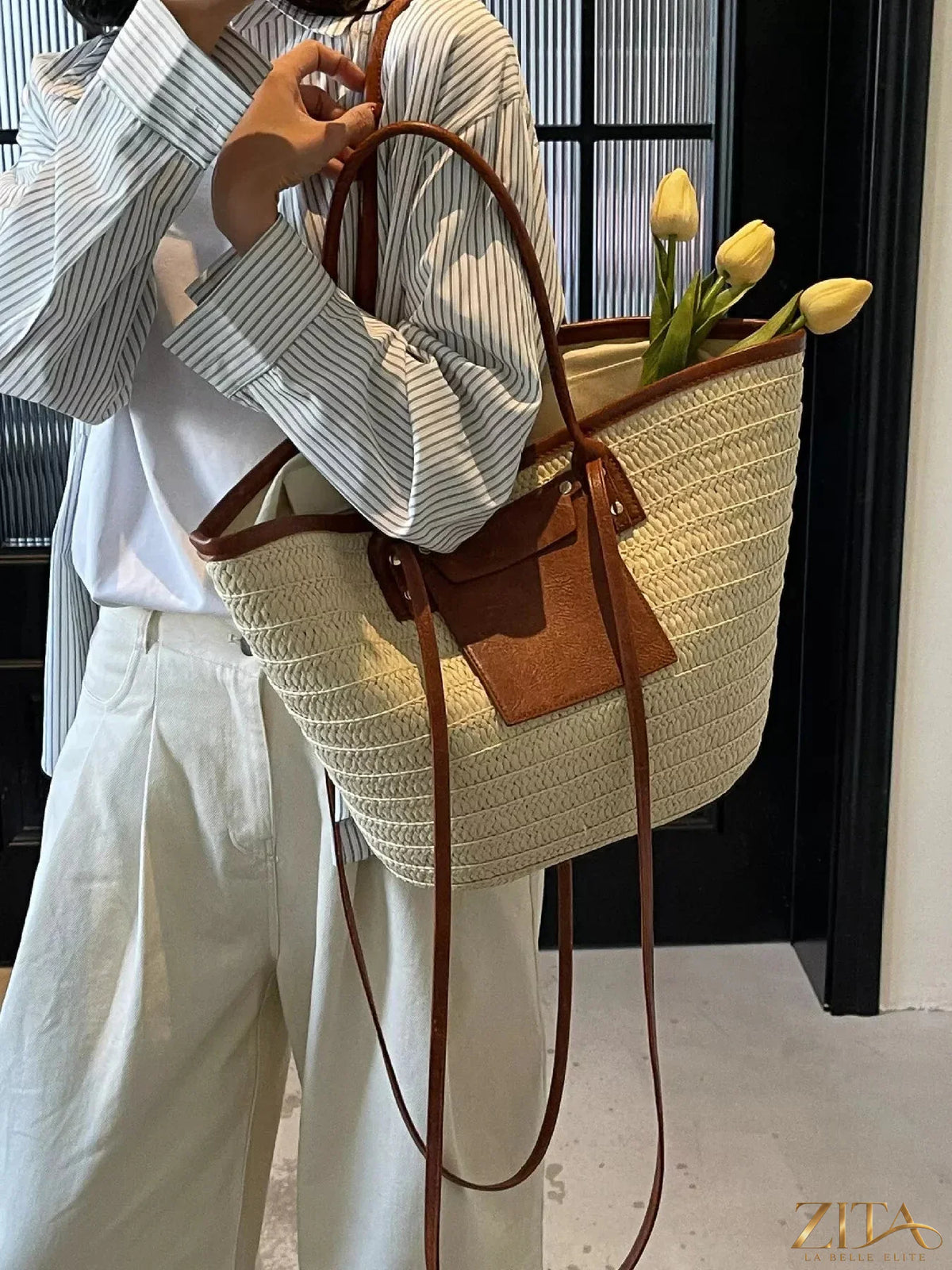Zita La Belle Elite woven straw tote bag with leather handles and spacious interior, ideal for casual and summer outings.
