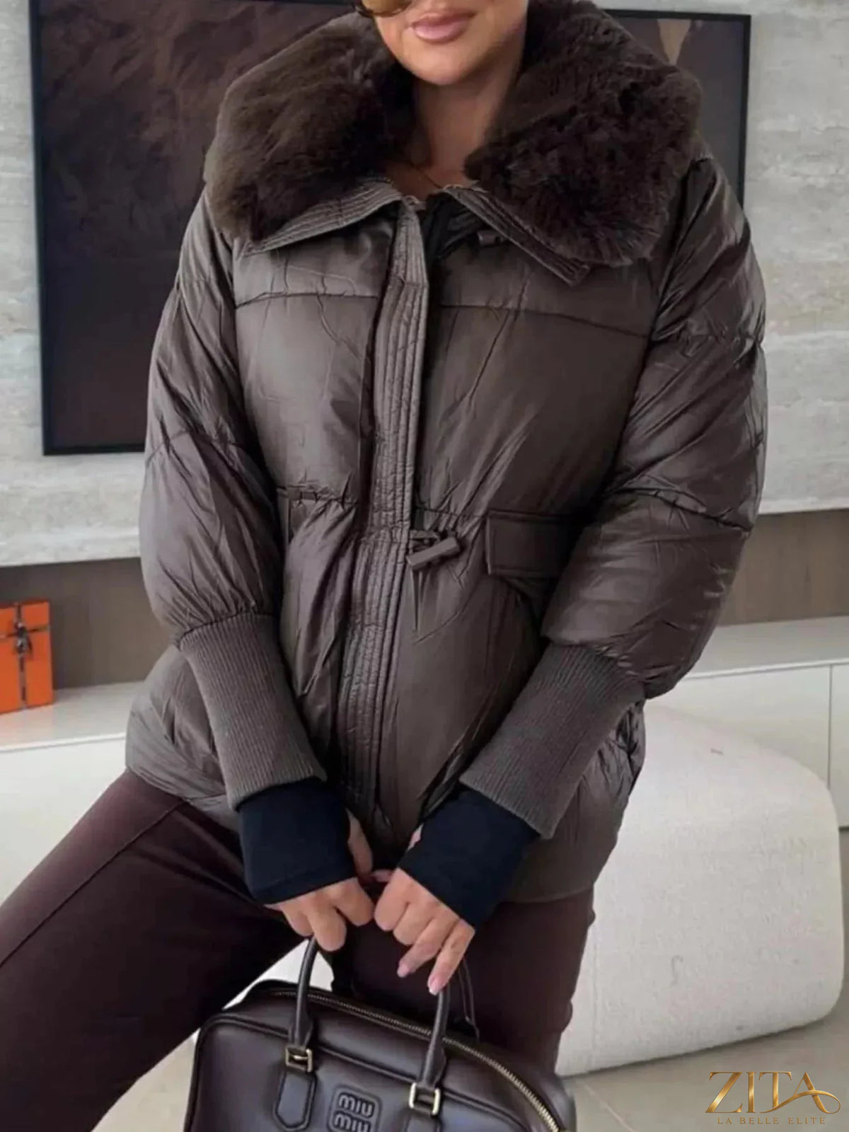 Zita La Belle Elite fur collar padded puffer jacket with quilted design and cozy fur trim on the collar.