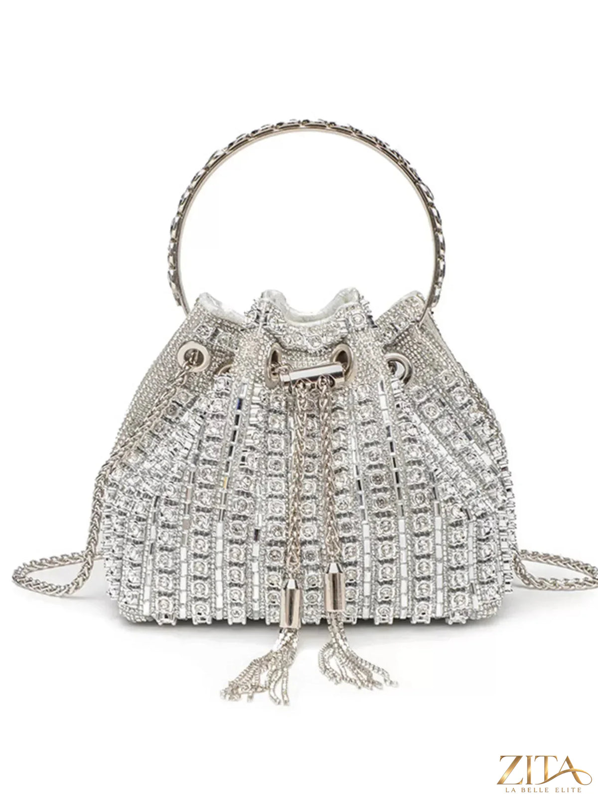Zita La Belle Elite holiday party rhinestone embellished bucket crossbody handbag with shimmering accents and a stylish design.