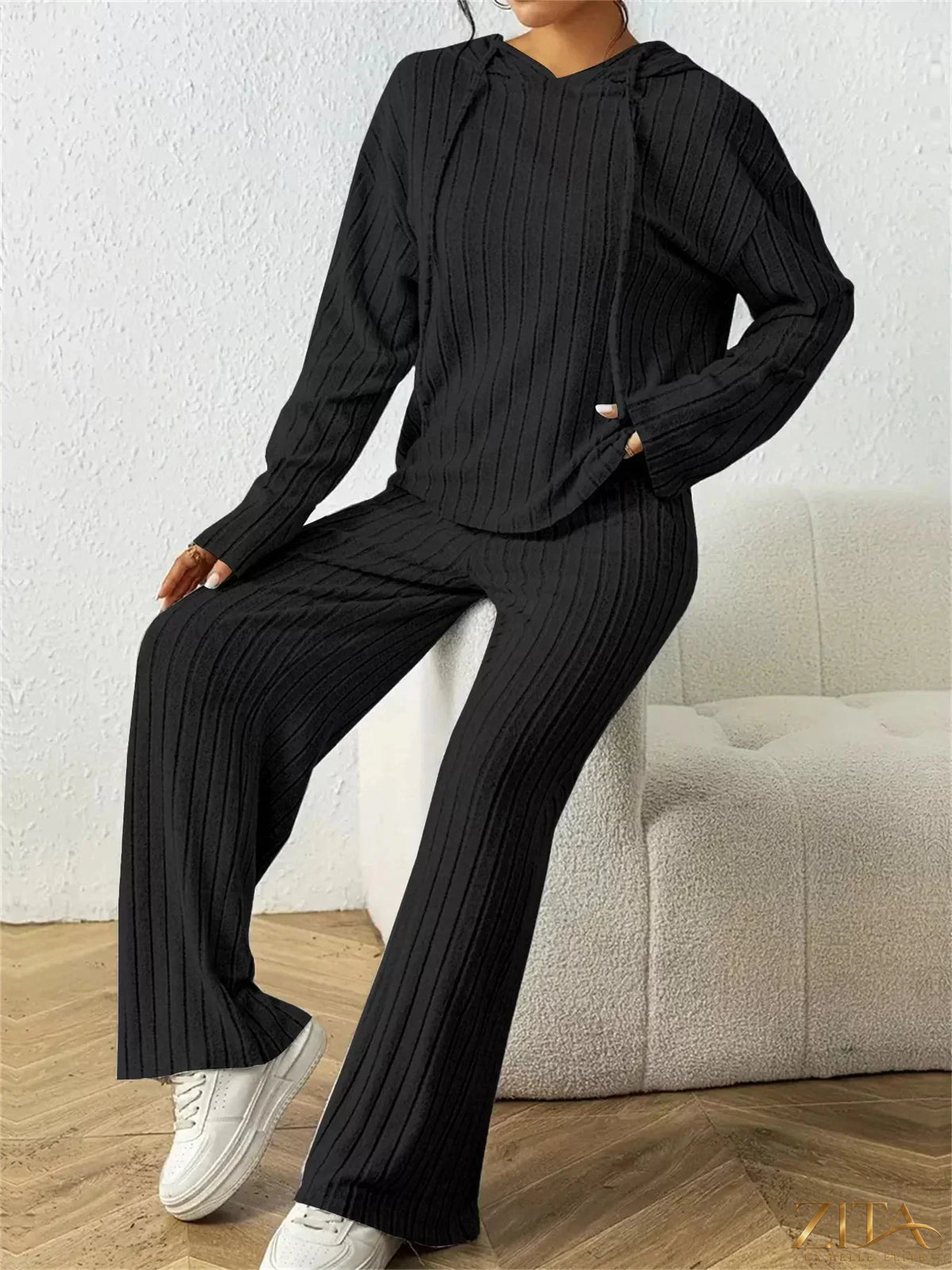 Zita La Belle Elite ribbed drawstring hoodie and pants set, with matching hoodie and jogger pants in soft ribbed fabric.