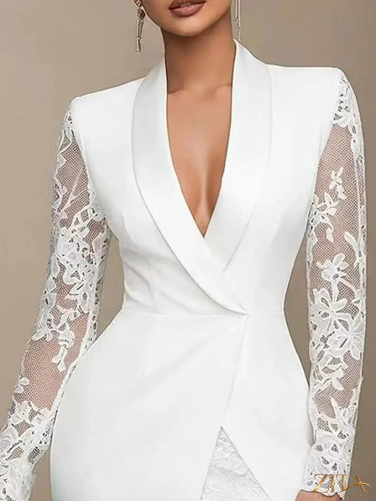 Zita La Belle Elite lace-sleeve blazer dress featuring a tailored fit and elegant design, perfect for formal occasions.