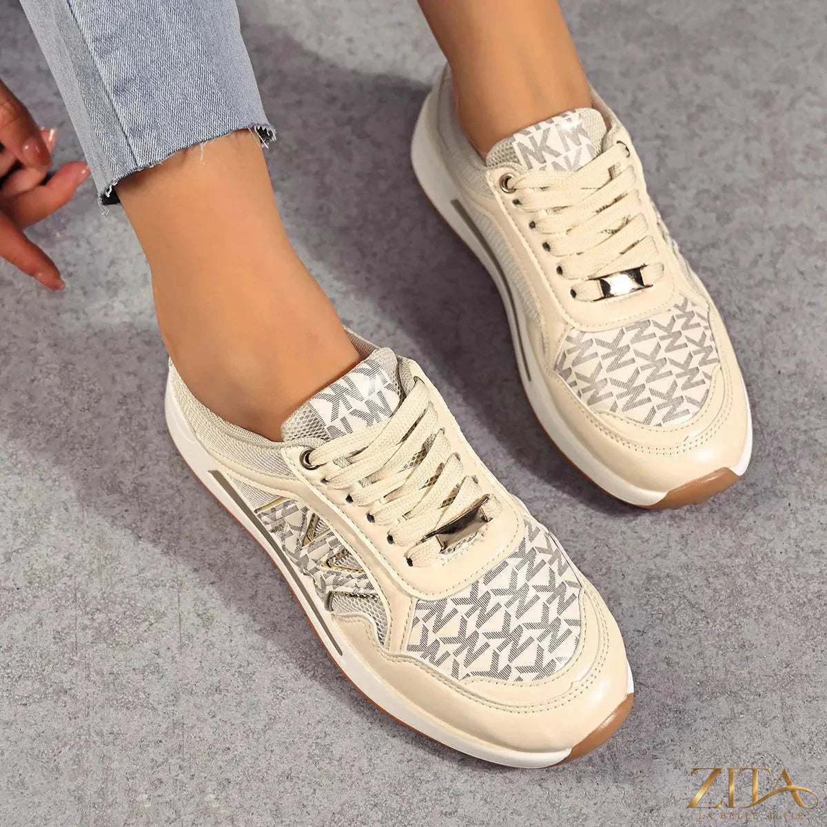 Zita La Belle Elite lace-up round toe sneakers with white and black design, casual footwear for men and women.