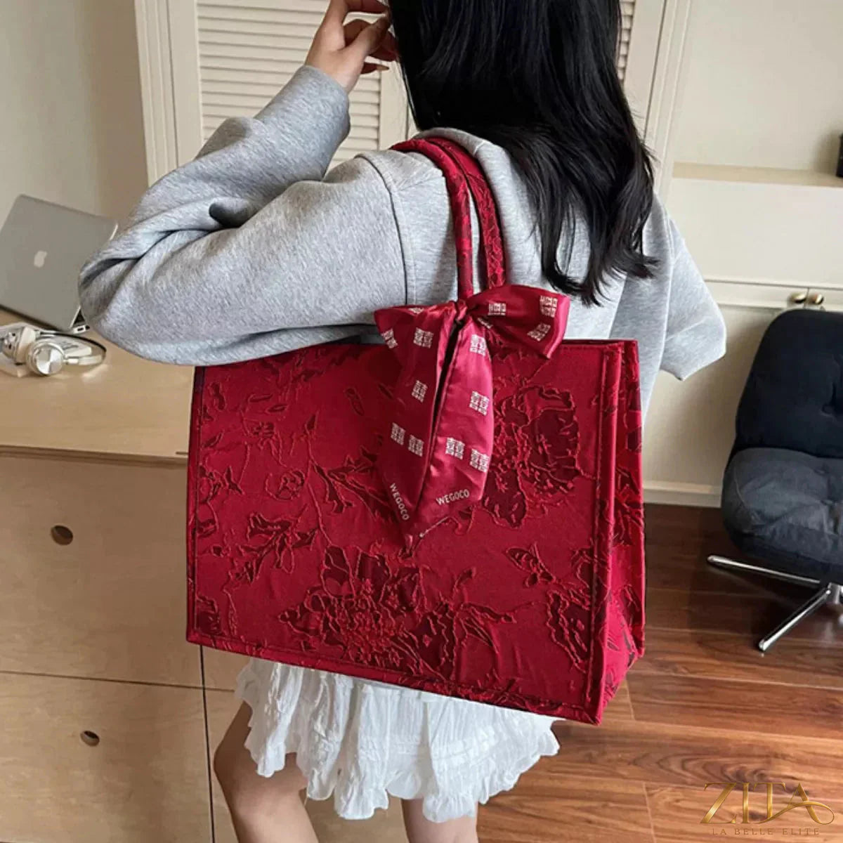 Zita La Belle Elite floral embossed tote handbag with scarf accent, showing textured floral design and stylish accessory details.
