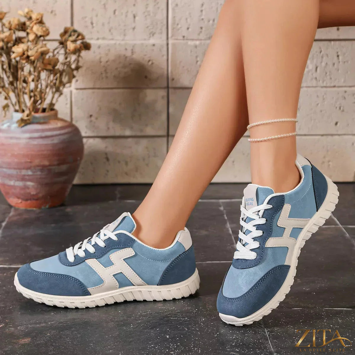Zita La Belle Elite round toe lace-up sneakers in white with rubber soles, stylish casual footwear for everyday wear.