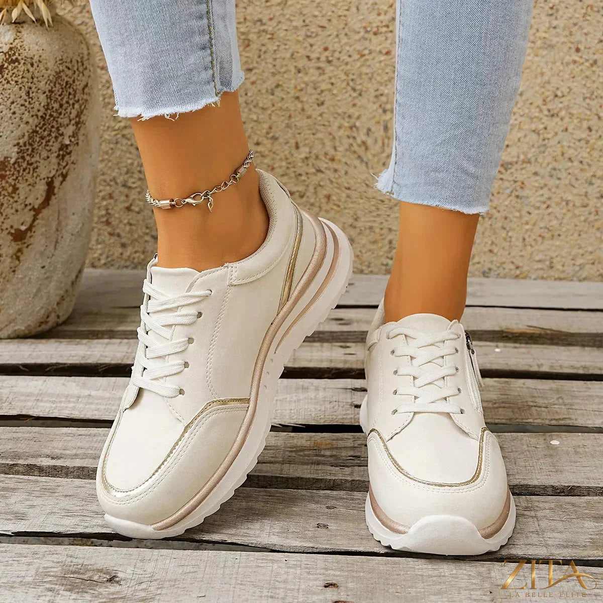 Zita La Belle Elite round toe lace-up sneakers with white soles and stylish design, perfect for casual wear.