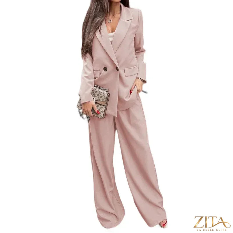 Zita La Belle Elite buttoned lapel collar long sleeve blazer and matching pants set, stylish formal outfit for women.