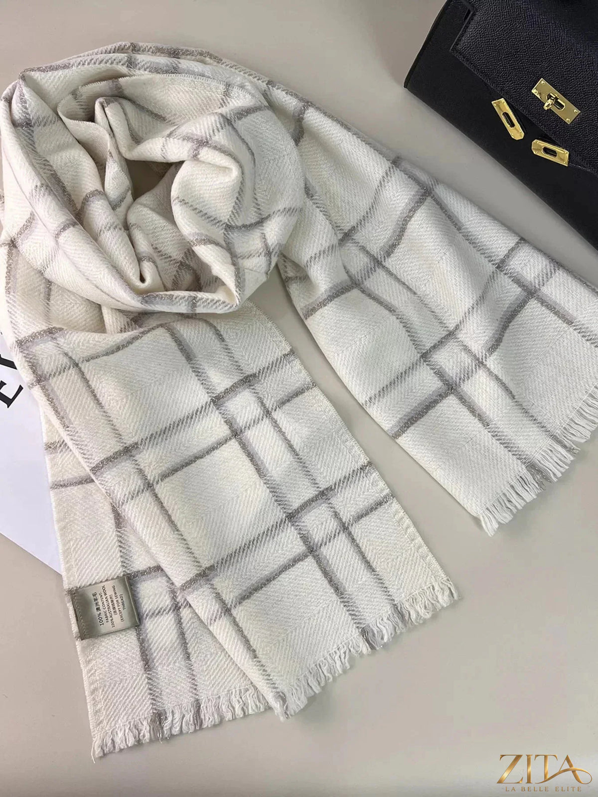 Zita La Belle Elite 100% wool raw hem plaid scarf with classic check pattern, soft and warm for stylish winter wear.