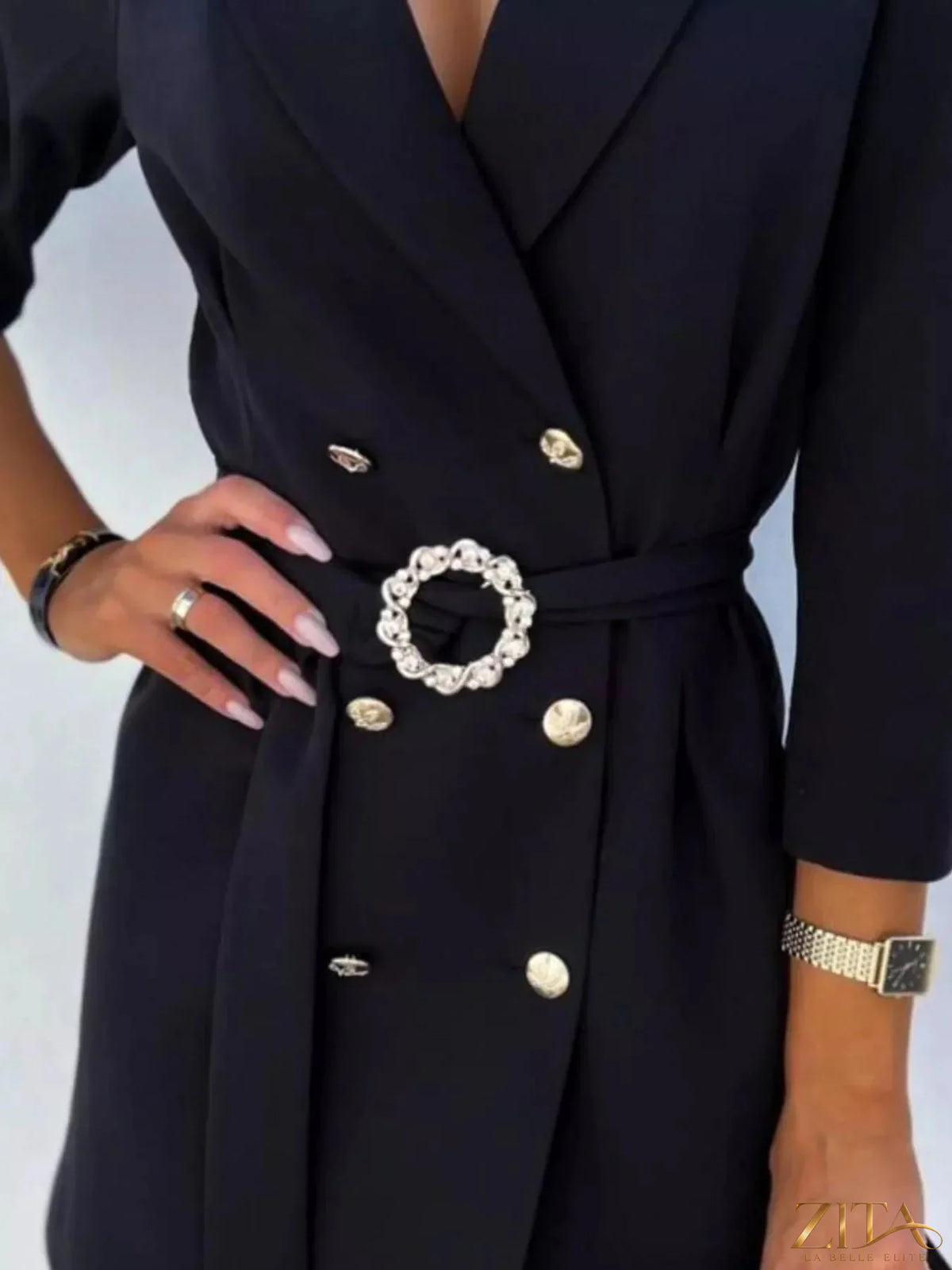 Zita La Belle Elite 3/4 sleeve belted blazer dress displayed on a hanger, featuring a tailored fit and classic design.