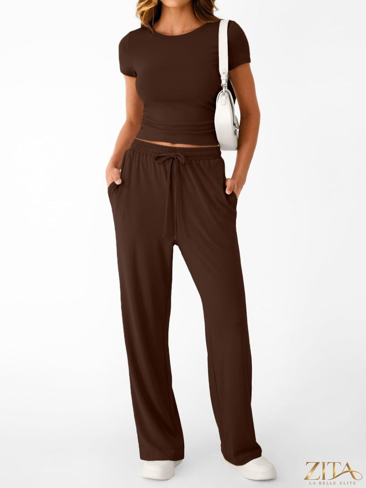 Trendsi round neck short sleeve tee and matching pants set, casual comfortable clothing for everyday wear, in soft fabric.