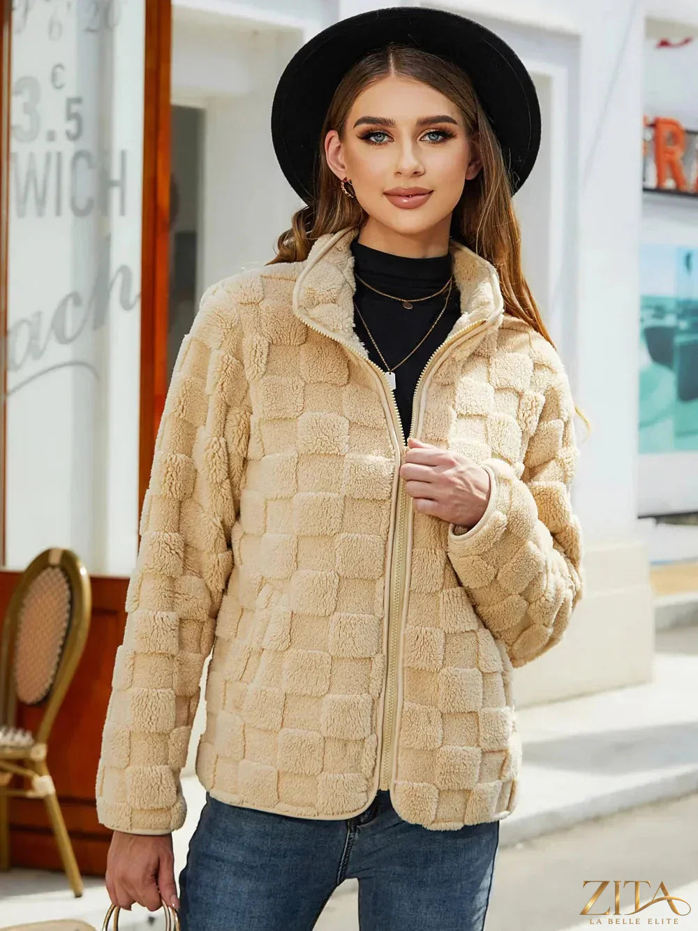 Zita La Belle Elite fuzzy checkered zip-up jacket with a cozy collar and stylish pattern, perfect for casual wear.