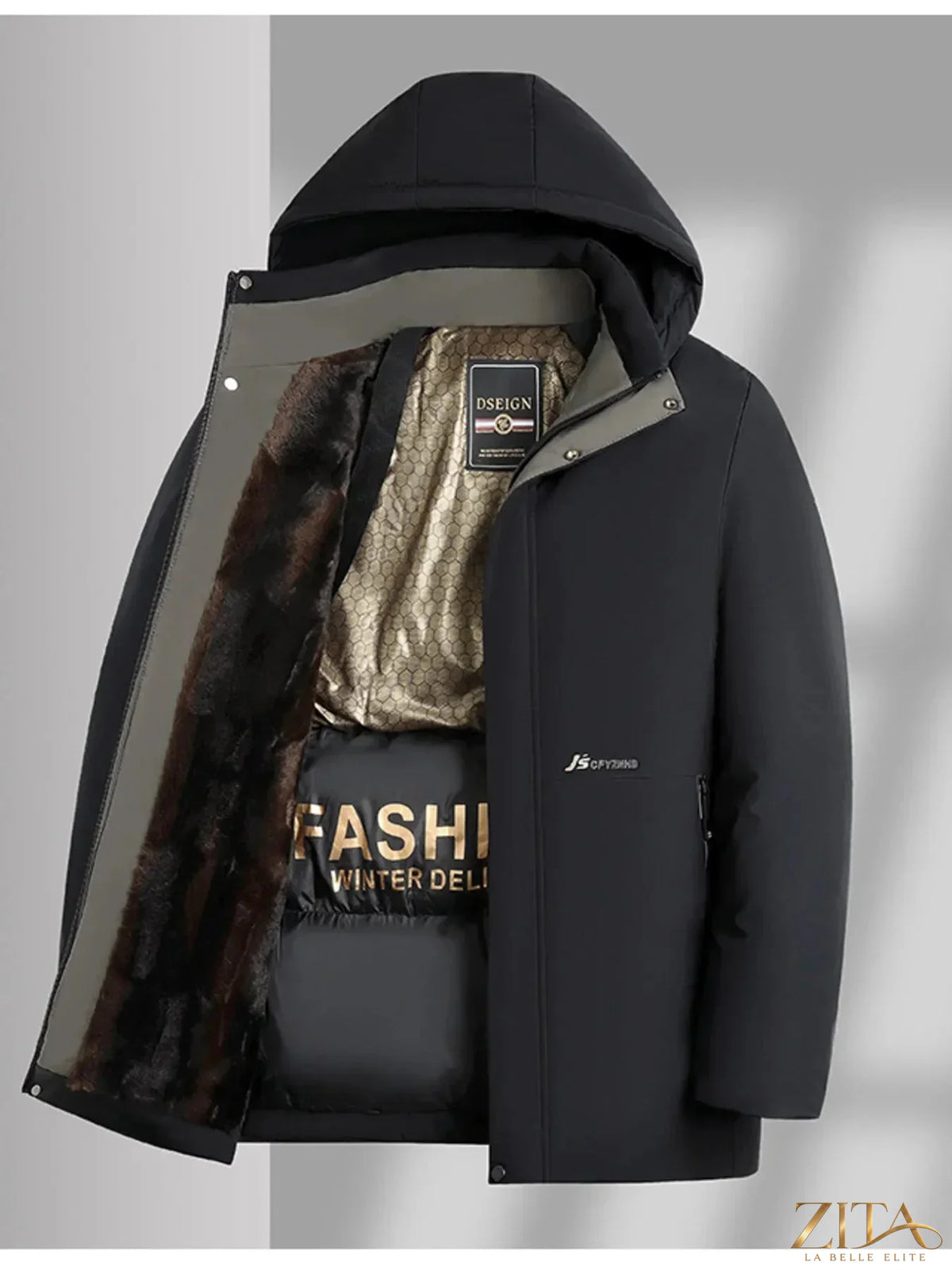 Men's plus size winter coat with thermal lining and hood by Zita La Belle Elite, shown in a warm, insulated winter outerwear style.
