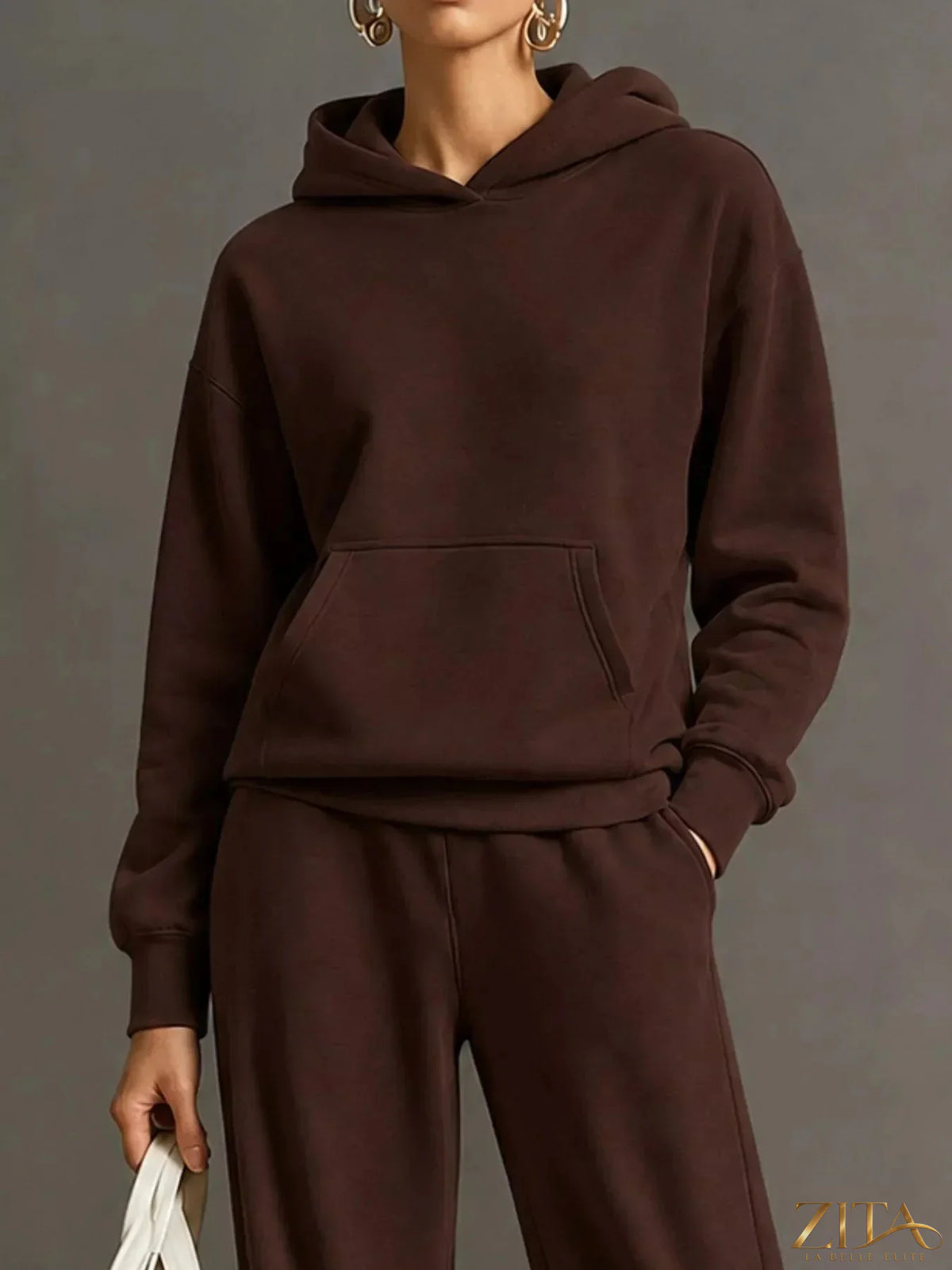 Zita La Belle Elite kangaroo pocket hoodie and matching pants set, casual two-piece outfit with hood and front pocket details.